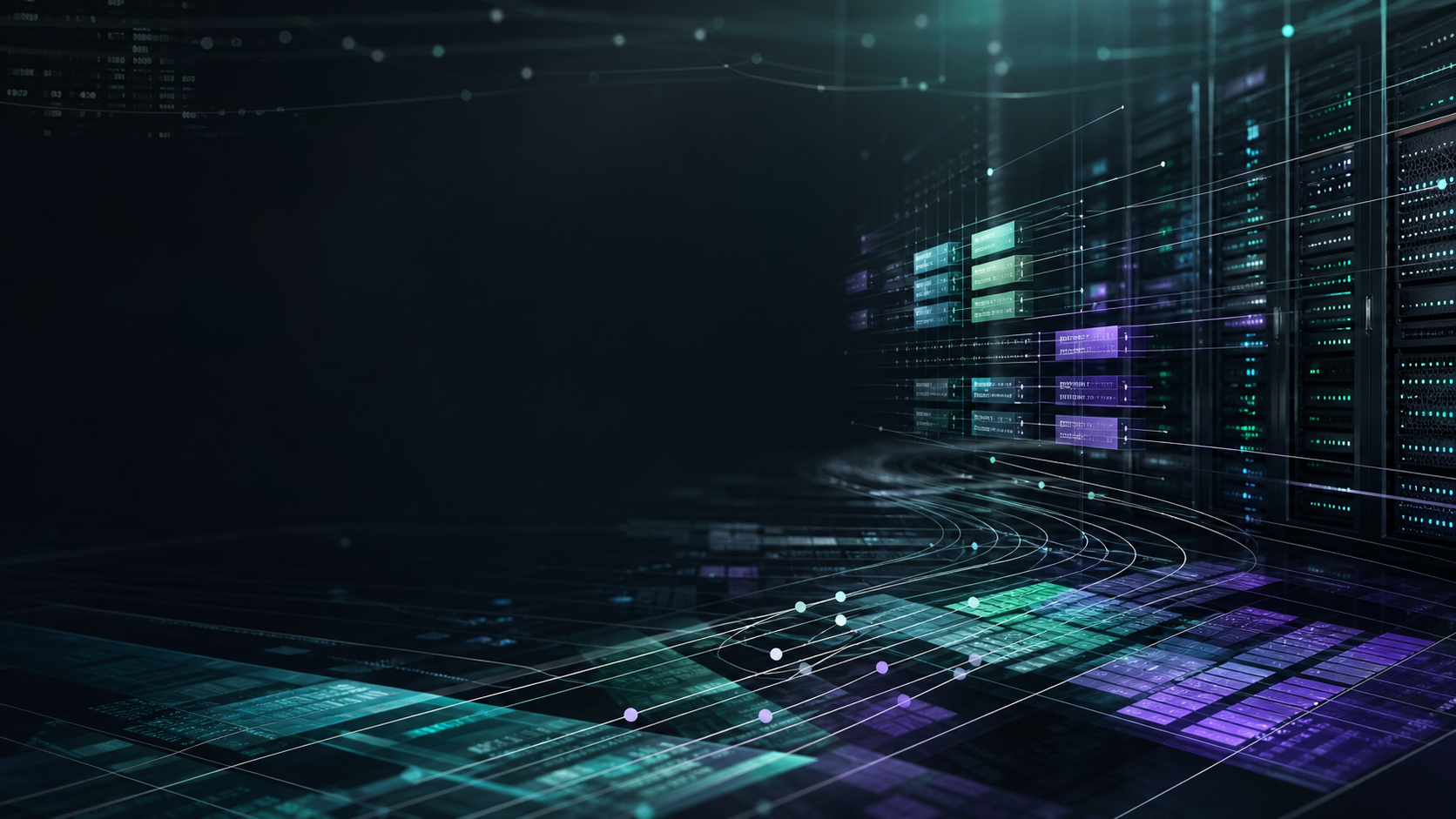 Abstract data infrastructure scene with server racks, streams, and ledger-like blocks.